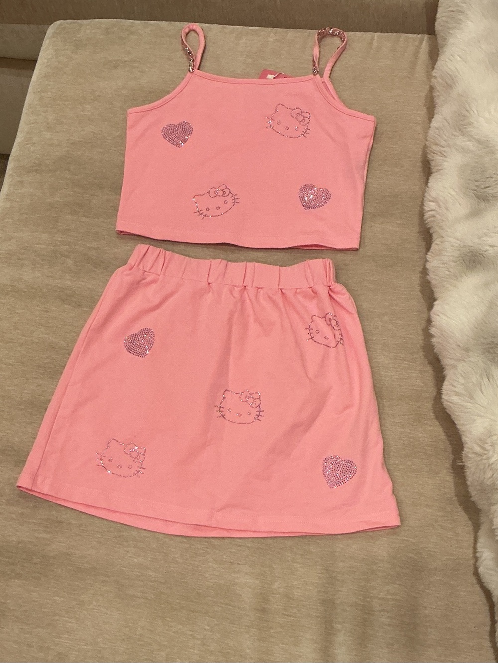 Hello Kitty Pink Glitter Heart Crop Top and Skirt Set